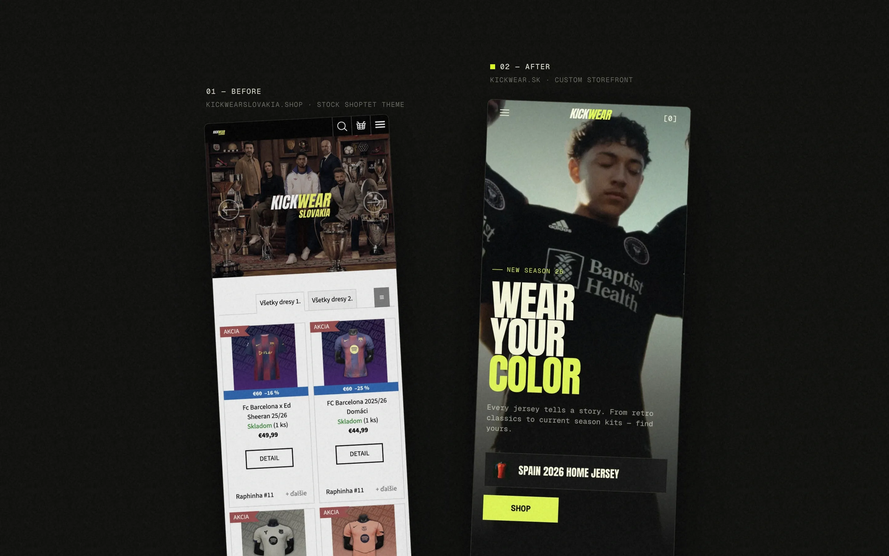 Shoptet theme next to kickwear.sk on mobile, before and after