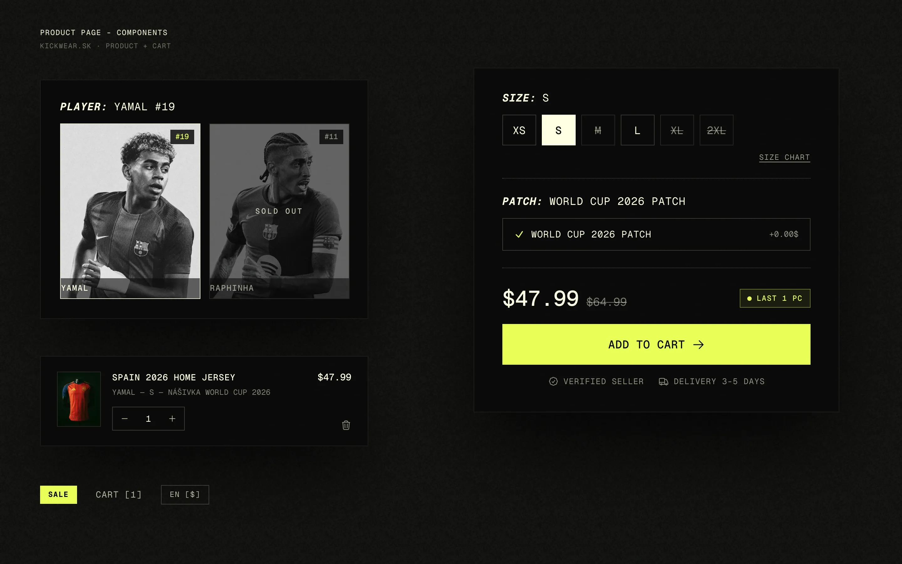 Player selector, purchase stack, and cart item
